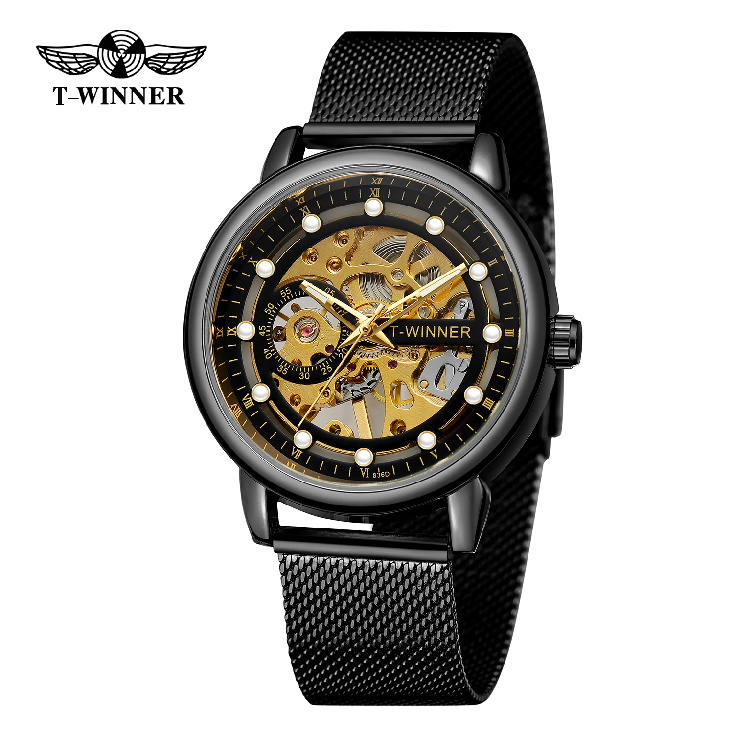 T-winner Brand Men\'s Metal Wrist Watches Luxury Business Waterproof Luminous Man Mesh Skeleton Mesh Stainless Steel Mechanical