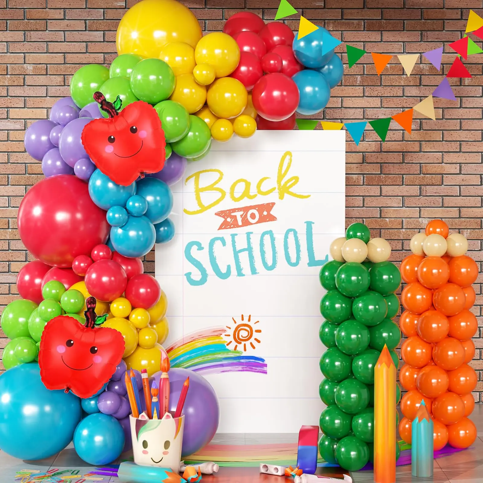 Back to School Balloon Garland Arch Kit Rainbow Apple Balloon for First Day of School Kindergarten Classroom Party Decoration