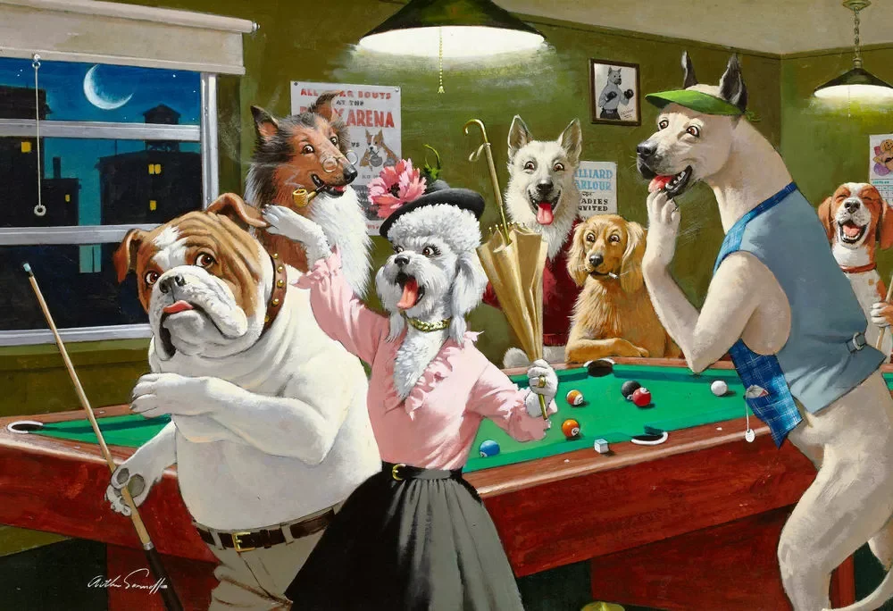 Dogs Playing Pool Print ,Art Canvas Poster For Living Room Decoration ,Home Wall Picture