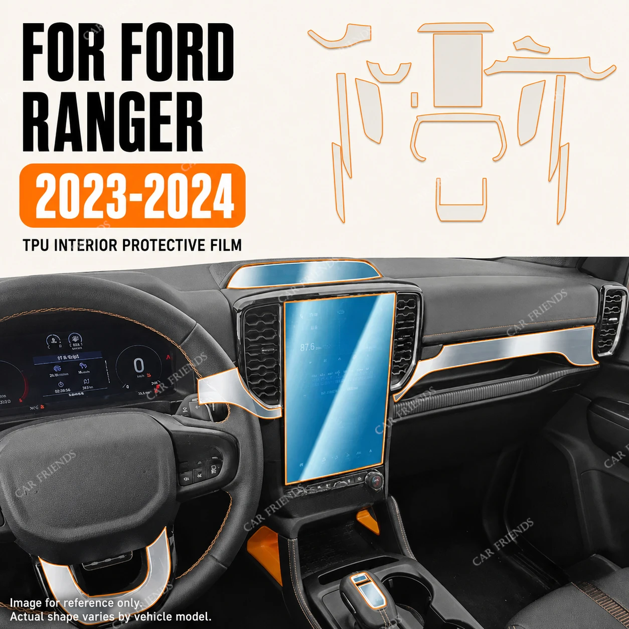 For Ford Ranger 2023 2024 Transparent TPU Interior Protective Film Gear Panel Navigation Screen Anti-Scratch Cover