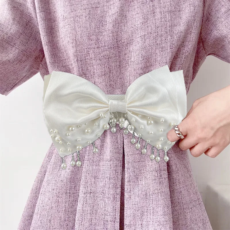 

Women's Runway Fashion Beaded Bow Elastic Cummerbunds Female Dress Corsets Waistband Belts Decoration Wide Belt R2313