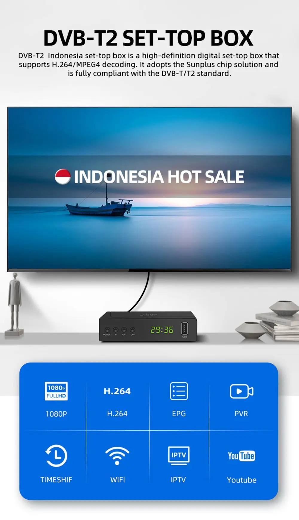 Youtube 1080P MPG4 STB DVB-T2 ชุดจูนเนอร์กล่องด้านบนถอดรหัสเครื่องรับสัญญาณโทรทัศน์ดาวเทียม