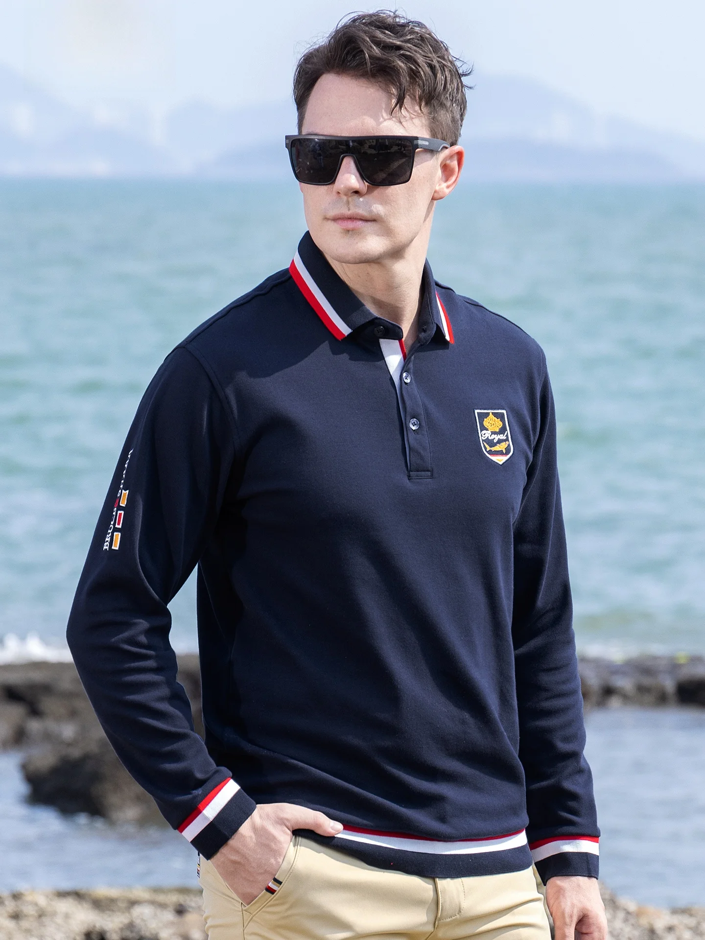 

Fall New Men's Long Sleeve Shirt Large Size Loose Thick Bruce & Shark Trendy Brand Breathable Fashion Urban Style T-Shirt