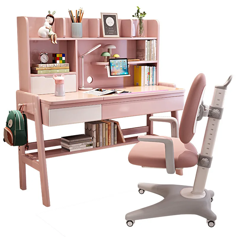 Children's study table and chair set can lift solid wood desk bookshelf combination, household bedroom student writing table