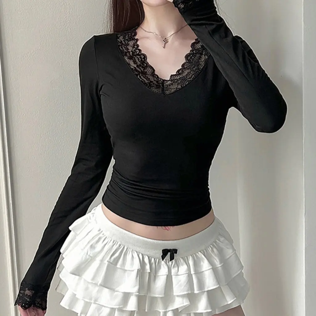 

French Style Pure Sexy Long-sleeved T-shirt V-neck Lace Stitching Slim-fit Solid Color All-match Base Top for Women