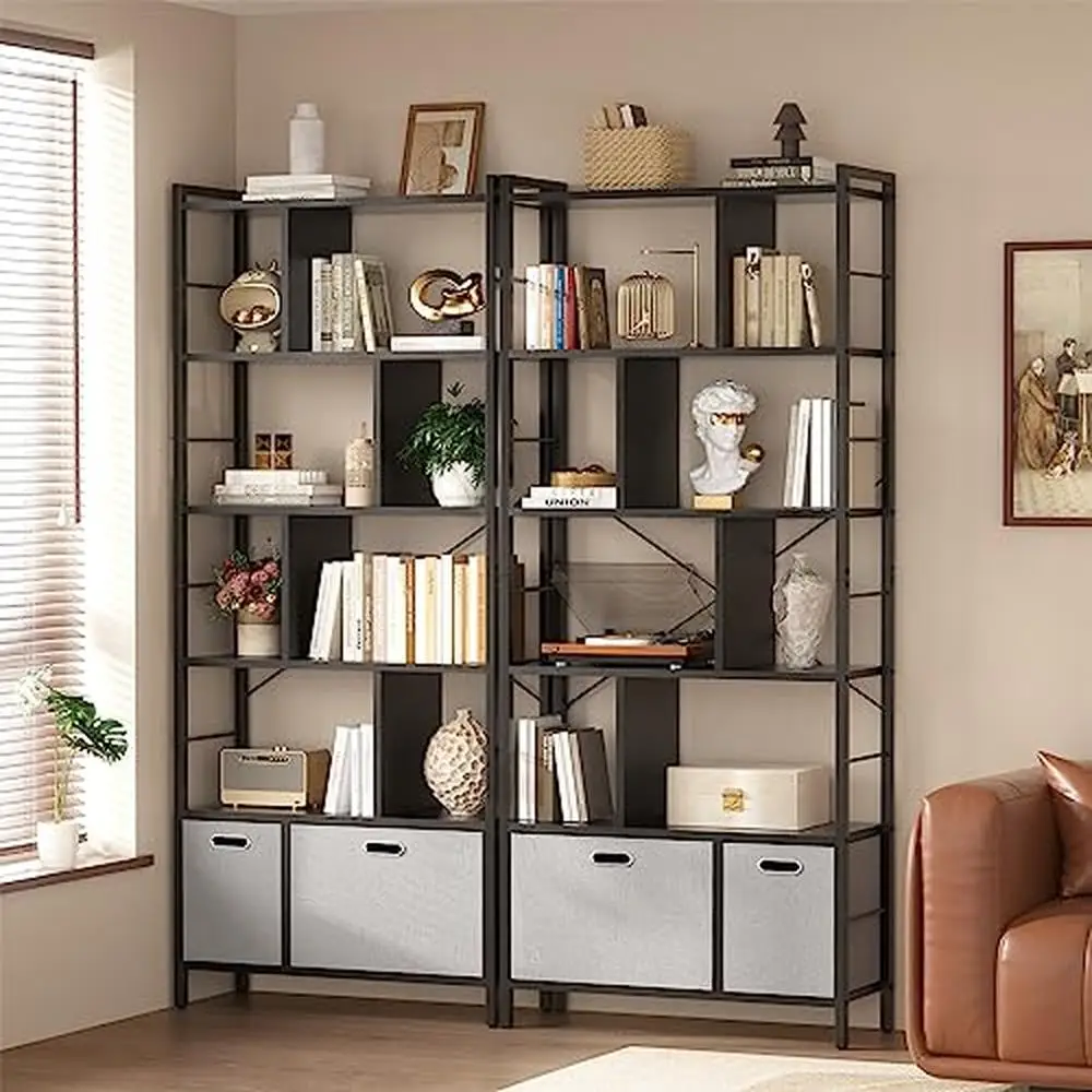 6 Tier Tall Bookshelf with Drawers Modern Industrial Standing Shelf Units Large Storage Space Display Bookcase Living Room Wood