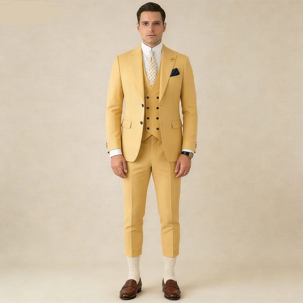 

Элегантный розовый мужской костюм-смокинг из трех предметов с пиковыми лацканами, пиджаком, жилетом и брюками, комплект для свадьбы, делового банкета, наряда жениха