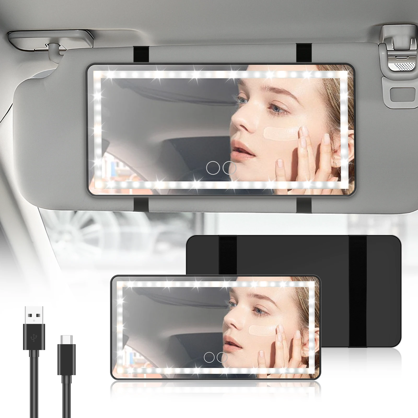 LED Detachable Car Vanity Mirror with Light USB Rechargeable Three Gear Dimmable Car Sun Visor Makeup Mirror Hanging Accessories