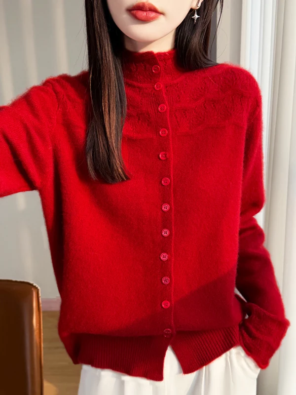 

Red Woolen Knitted Open Cardigan Women's Loose Fit Warm Versatile Sweater Jaet Button Detail Soft Long Sve Winter Outerwear