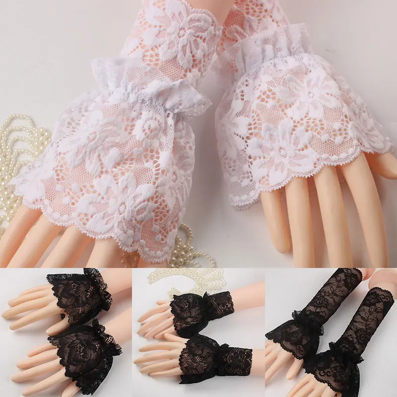 Puños de encaje para mujer, mangas cortas de brazo, puños de muñeca bordados con volantes, manga Lolita blanca/negra elegante, 1 par