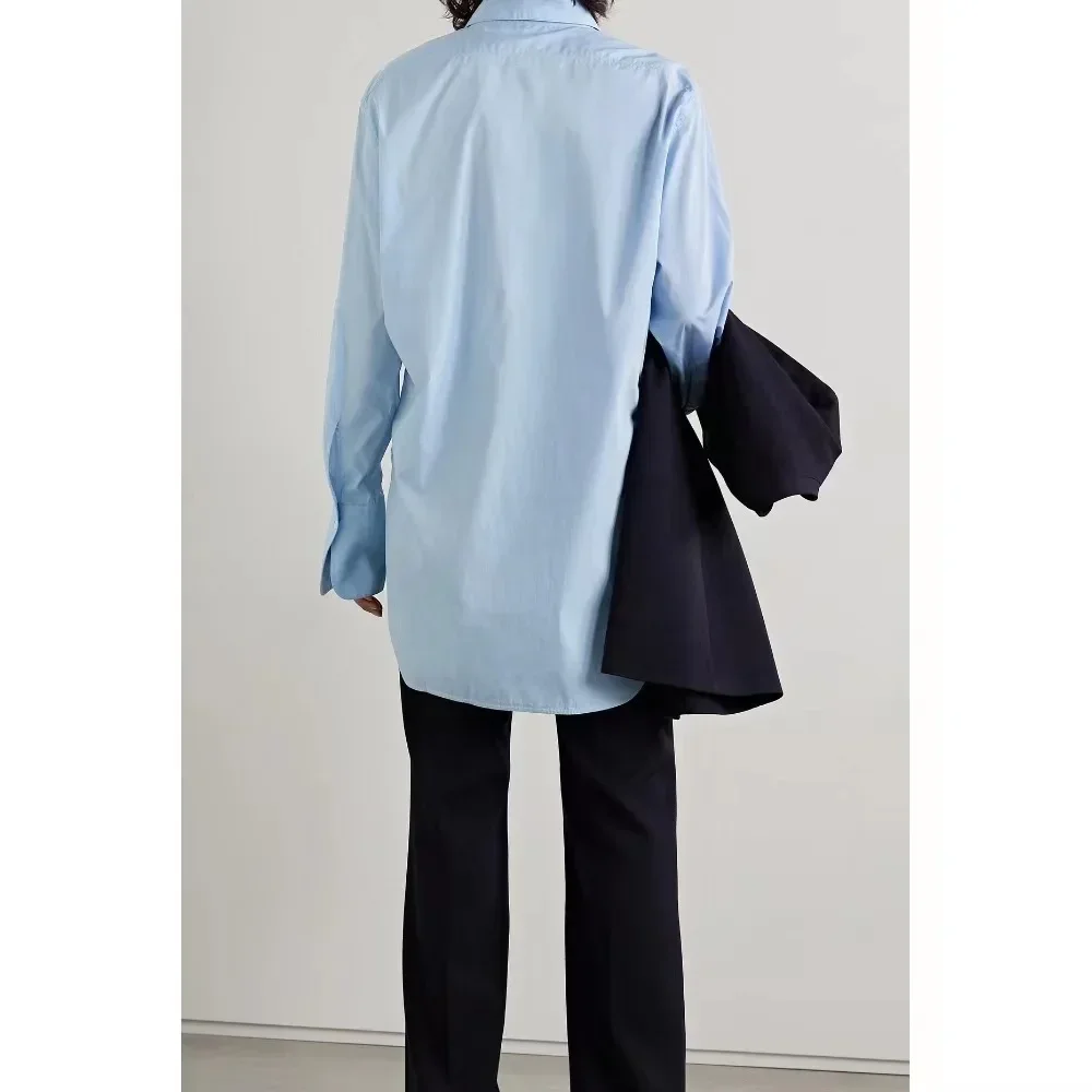 Women's Loose Casual Blouse, Oversized Shirt, Sky Blue Cotton, Poplin Shirt, Full Sleeve, Turn-Down Collar, TheR0W, Autumn