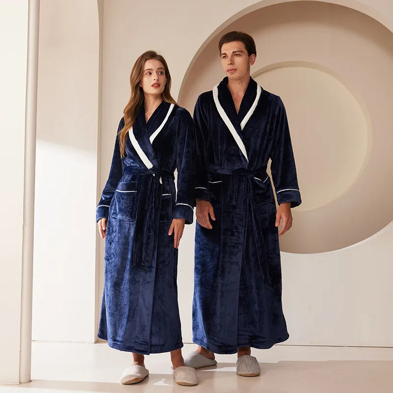 Plus Size Couple Winter Warm Kimono Bathrobes Gown Thick Long Flannel Robe Men Women Sleepwear Lounge Wear Loose Home Clothes