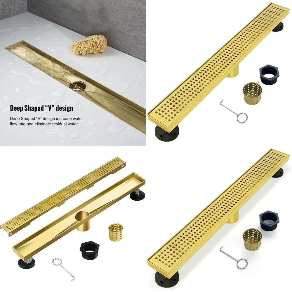 

18 Brushed Gold Linear Shower Drain with Removable Stainless Steel Grate and Adjustable Feet