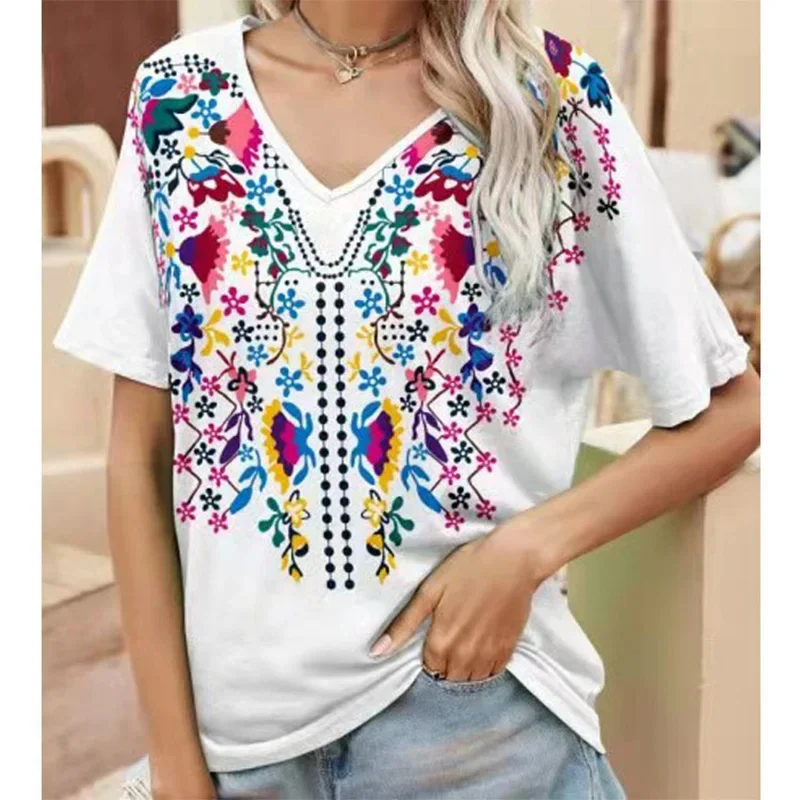 Womens 3D Ethnic Floral Print T-Shirt Vintage V-Neck Top Bohemian Streetwear Harajuku Oversized T-Shirt Womenswear