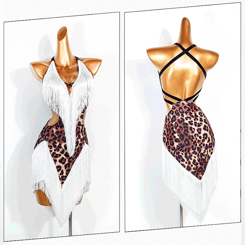 

Sexy Women Latin Dance Practice Costume Professional Samba Rumba Competition Suit Cha Cha Leopard White Tassel Splicing Dress