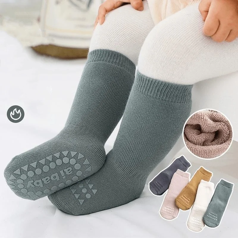 Thickened Kids Floor Socks Toddler Baby Boys Girls Pure Color Warm Non-Slip Socks Newborn Casual Cotton Socks 0-3 Y Winter New