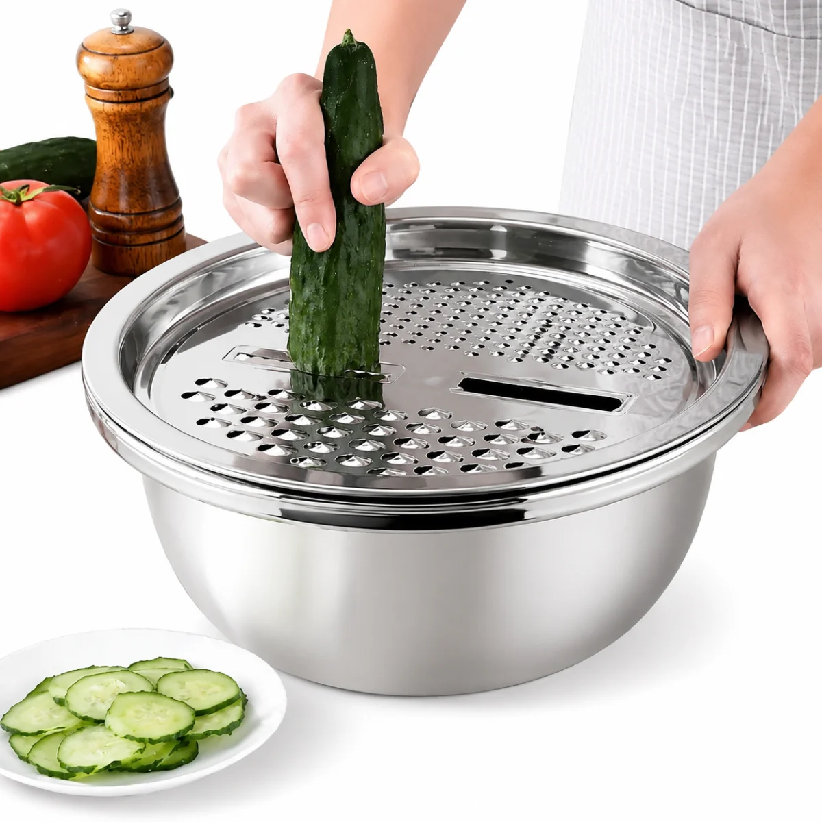 3Pcs Stainless Steel Kitchen Kit Multifunctional Mixing Bowl Vegetable Slicer Fruit Peeler Tool Set