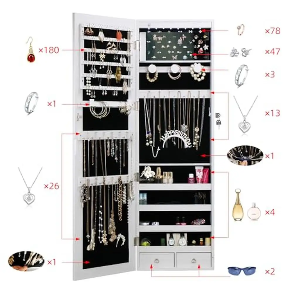 Full-Length Mirror Jewelry Armoire Organizer LED Lights Lockable Wall/Door Mount Storage