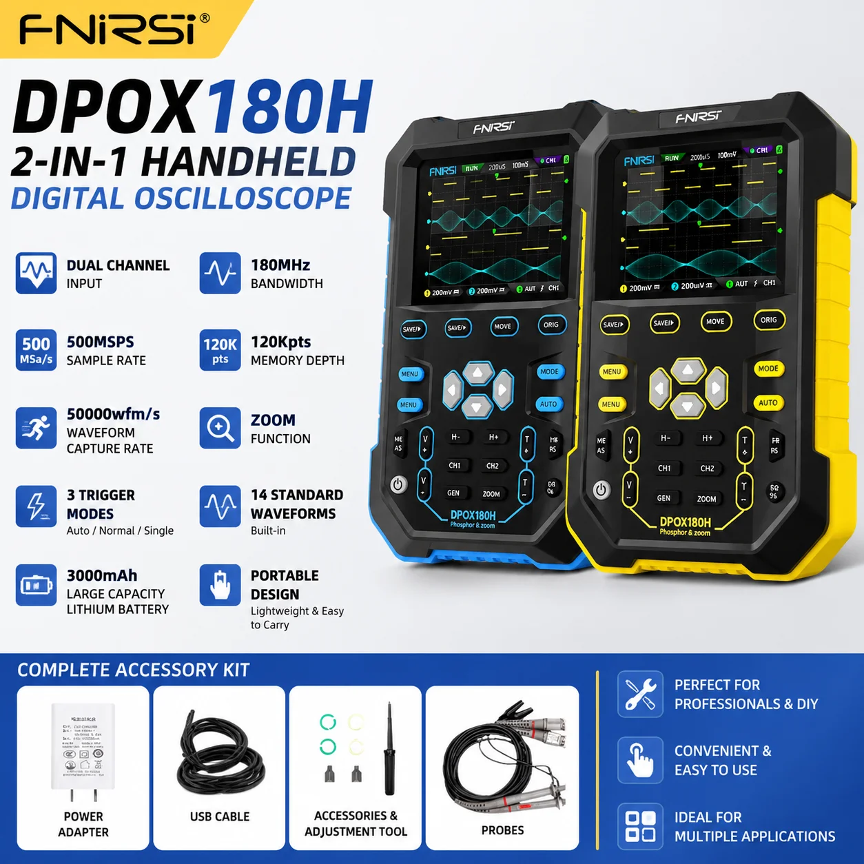 FNIRSI DPOX180H 2in1 Digital Phosphor Oscilloscope 180MHz-3DB 500MSPS 50000wfms/s 2CH 20MHz Signal Generator XY ZOOM FFT