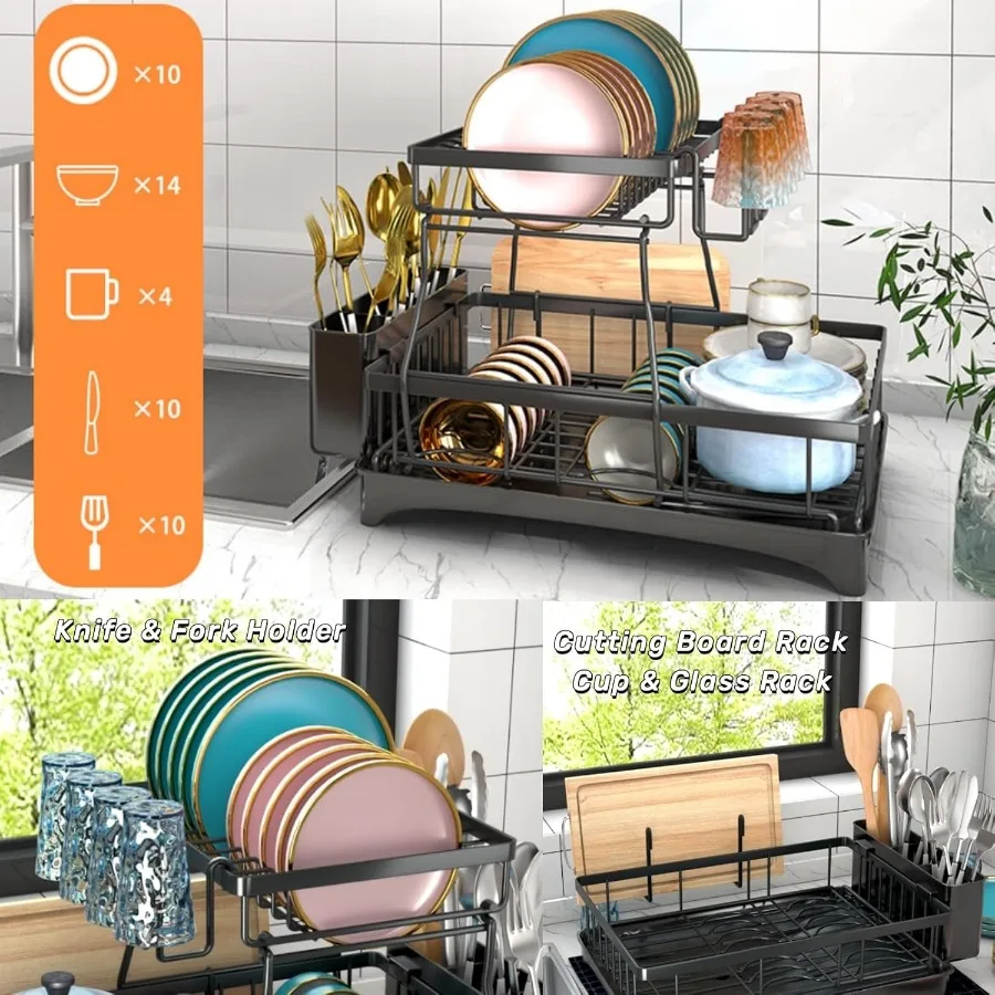 Dish Drying Rack 2Tier Dish Racks for Kitchen Counter Dish Rack with Drainboard Mat Dish Drainer with Knife Fork Cup Rack Gifts