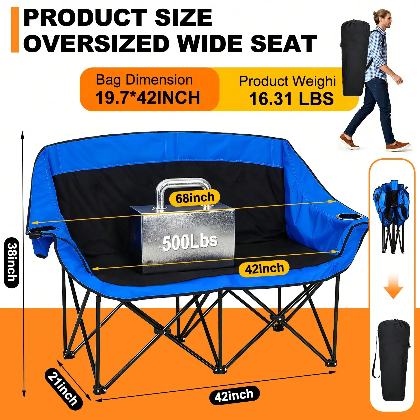 Heated Double Camping Chair Heated Folding Camping Chairs Loveseat Outdoor Sports Heating Oversized Loveseat Chairs For Adults 2 Person Camp Chair For Outdoor Beach Support 500LBS