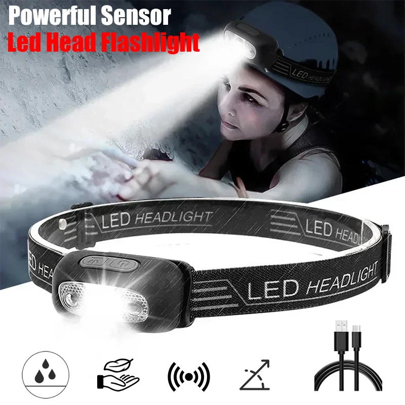 Powerful Sensor Adjustable Led Head Flashlight USB Rechargeable COB Headlamp Mini Camping Fishing Outdoors Emergency Headlamp