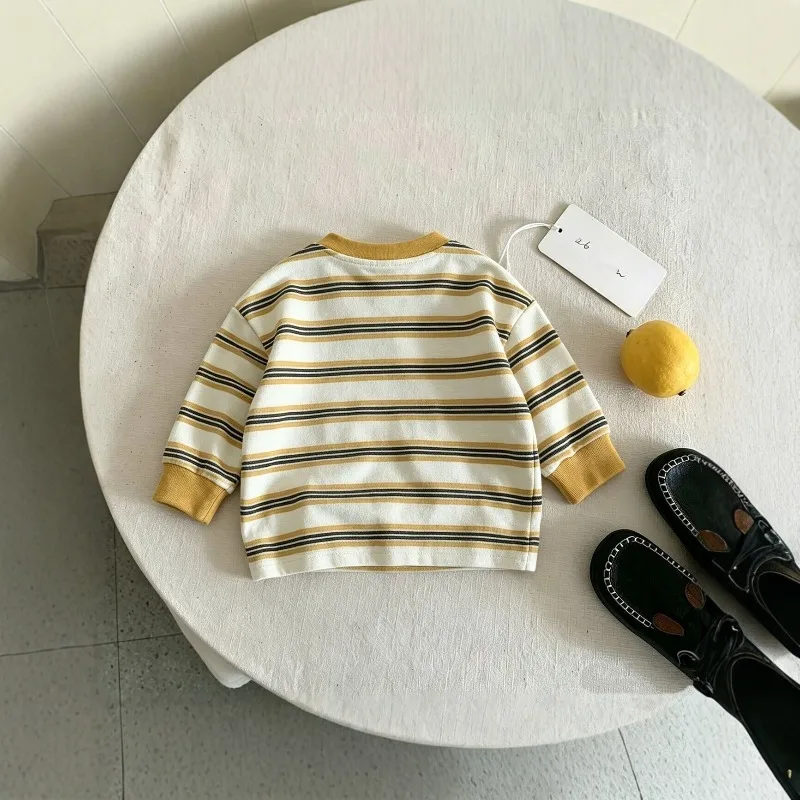 2026 Autumn Children Boys Long Sleeves Round Collar Striped Kids Baby Boys T-shirts Loose Versatile Toddler Boys Undershirts Top