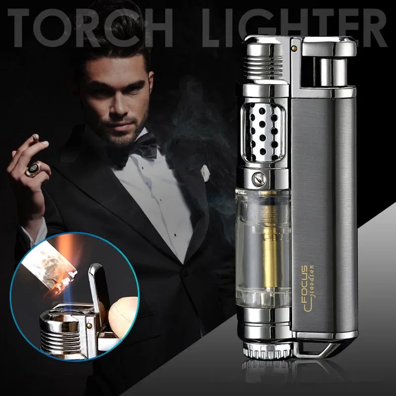 

New Transparent Oil Tank Flashlight Lighter Jet Butane Metal Turbo Lighter Portable Airbrush 1300C Windshield Gadget Men