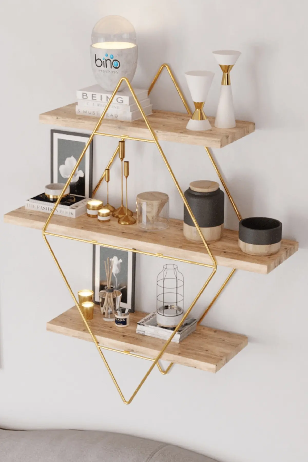 Functional Natural Wood Gold Color Large Size Prism Solid Wall Shelf Table Organizer Kitchen-Bath Shelf Bookshelf Living Roo