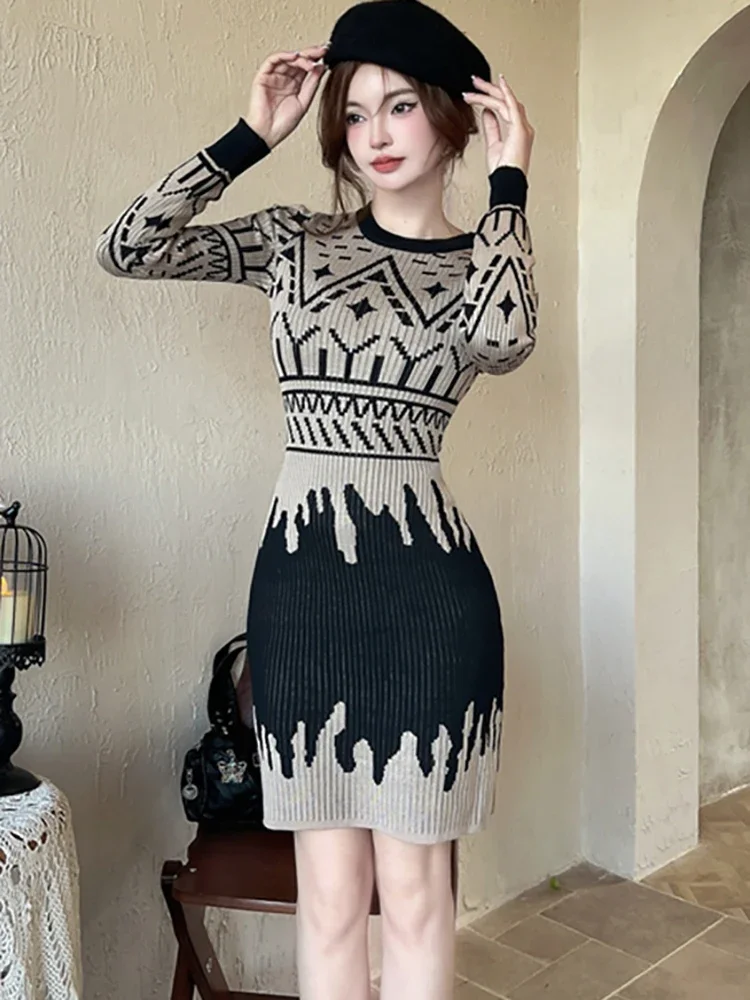 2024 Fashion Knitted Print Bodycon Short Dress Autumn Winter Elegant Casual Sweater Dress Women Korean Chic Festival Party Dress