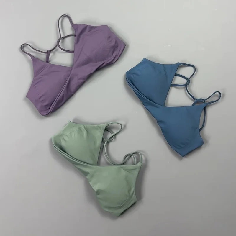 Wrap Front V Neck Sports Bra Women Thin Criss Cross Back Straps Padded Seamless Soft Breathable Yoga Pilates Workout Bra