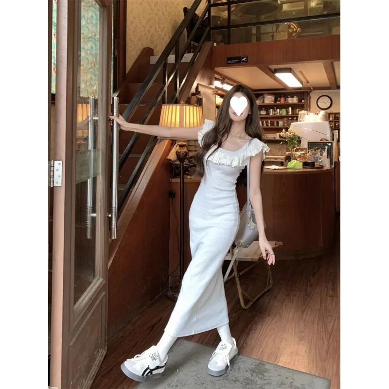 

2024 New Contrast Stitching Square Collar Small Flying Sleeve Dress Female Summer Slim Hip Skirt Gentle Waist Slim Dress