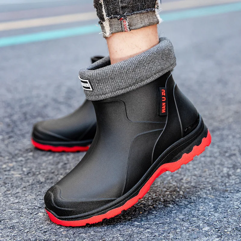 

Men's New Rain Boots Short Tube Fashionable PVC Rubber Shoes Outdoor Travel Shoes Anti-slip Flat Bottom Men's Fishing Water Boot