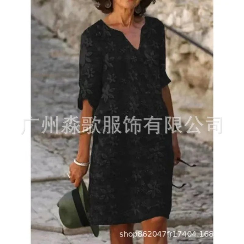 Womens Dresses New Fashion Solid Color Mesh Embroidered V-neck Split Sleeve Dress for Women