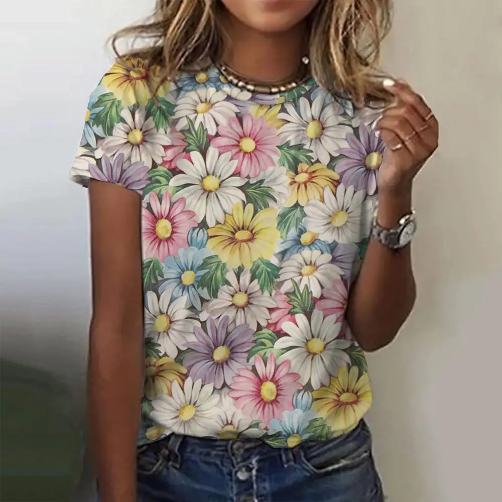 Camiseta con estampado Floral en 3d para mujer, Top informal con cuello redondo para mujer, Tops Harajuku para niña, ropa de calle de manga corta,