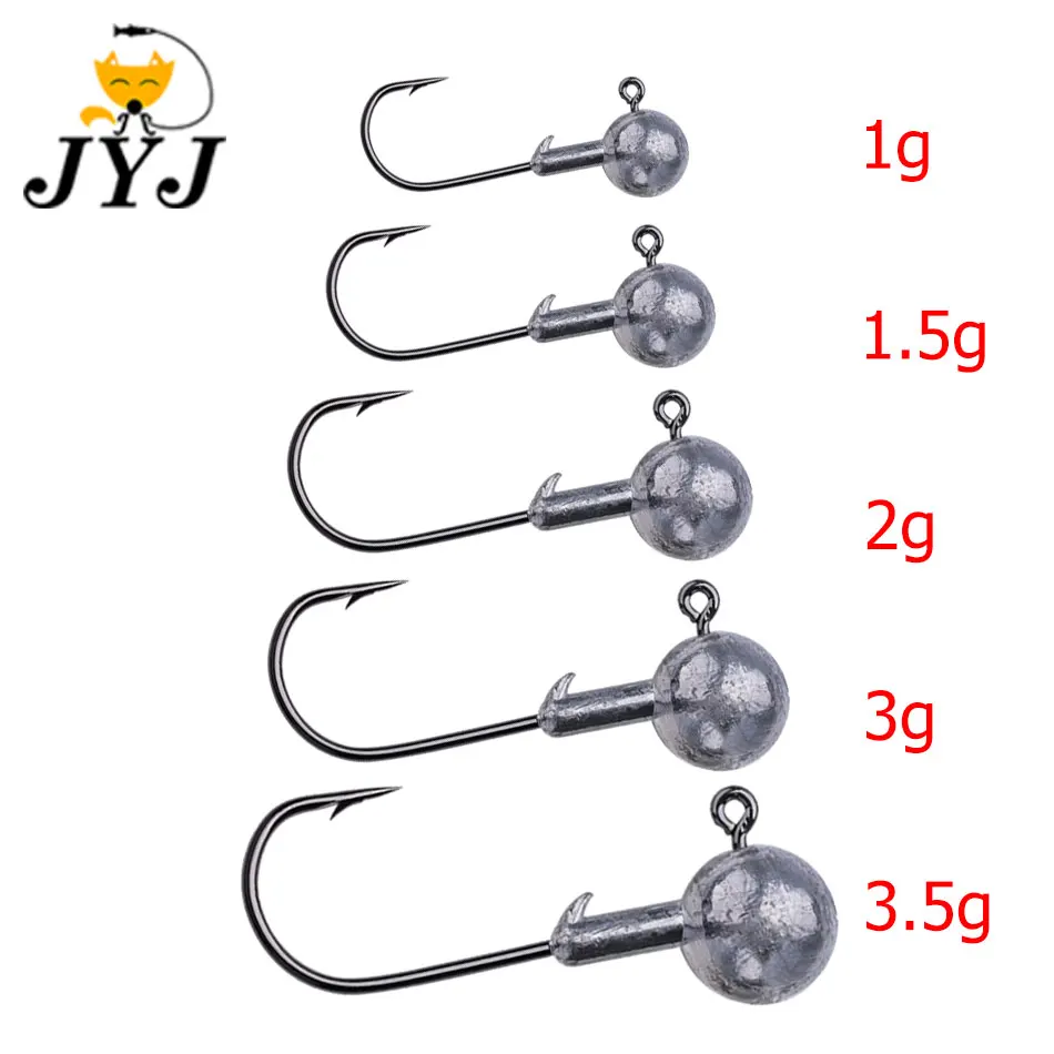 JYJ 10pcs 1g 1.5g 2g 3g 3.5g fishing hook jig head sharp hook matched with soft lure bait for perch bass pike and catfish