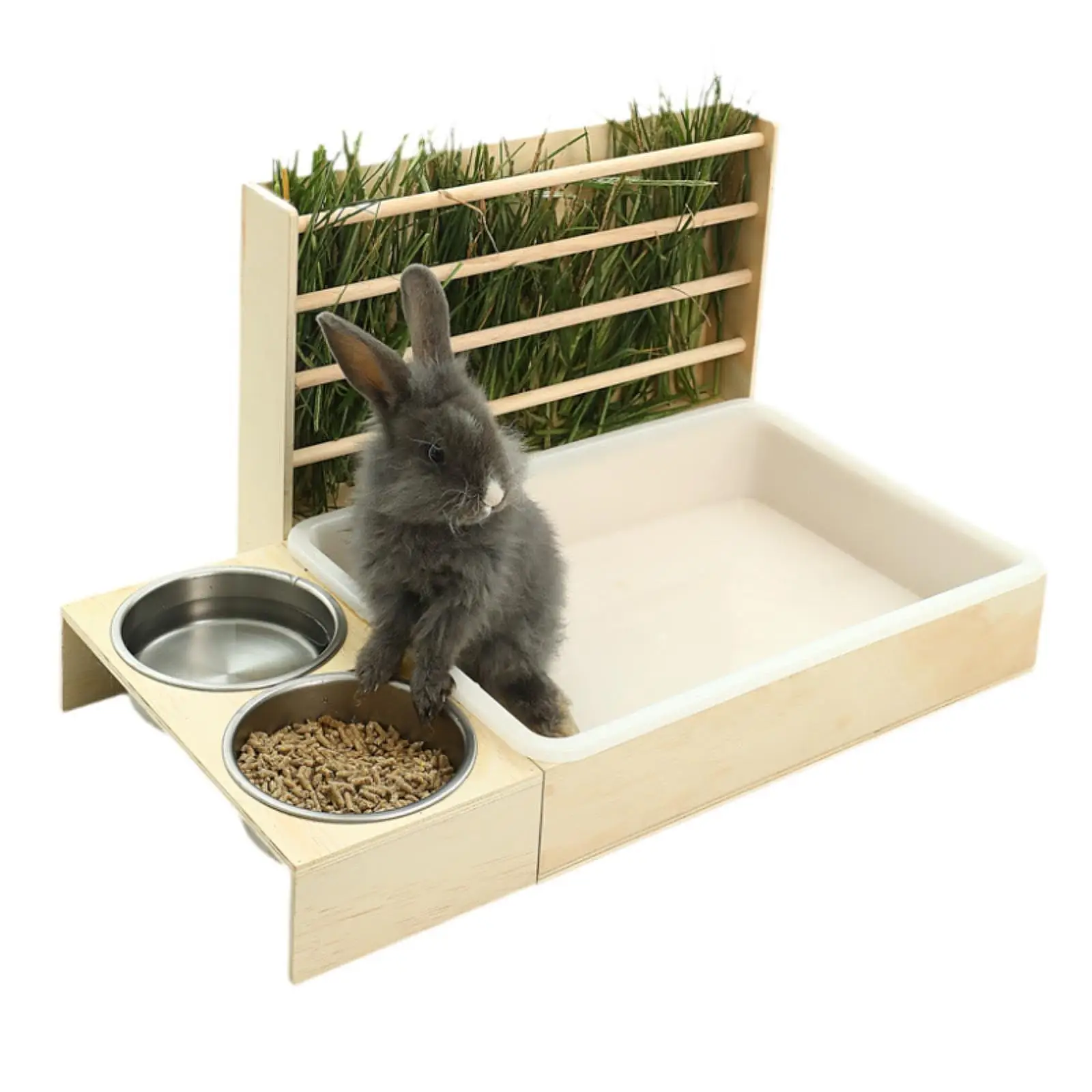 Wooden Bunny Hay Feeder with Box Playground Interactive Litter Box Guinea Pig Foraging Toy for Rabbit Hamster Chinchilla Bunny