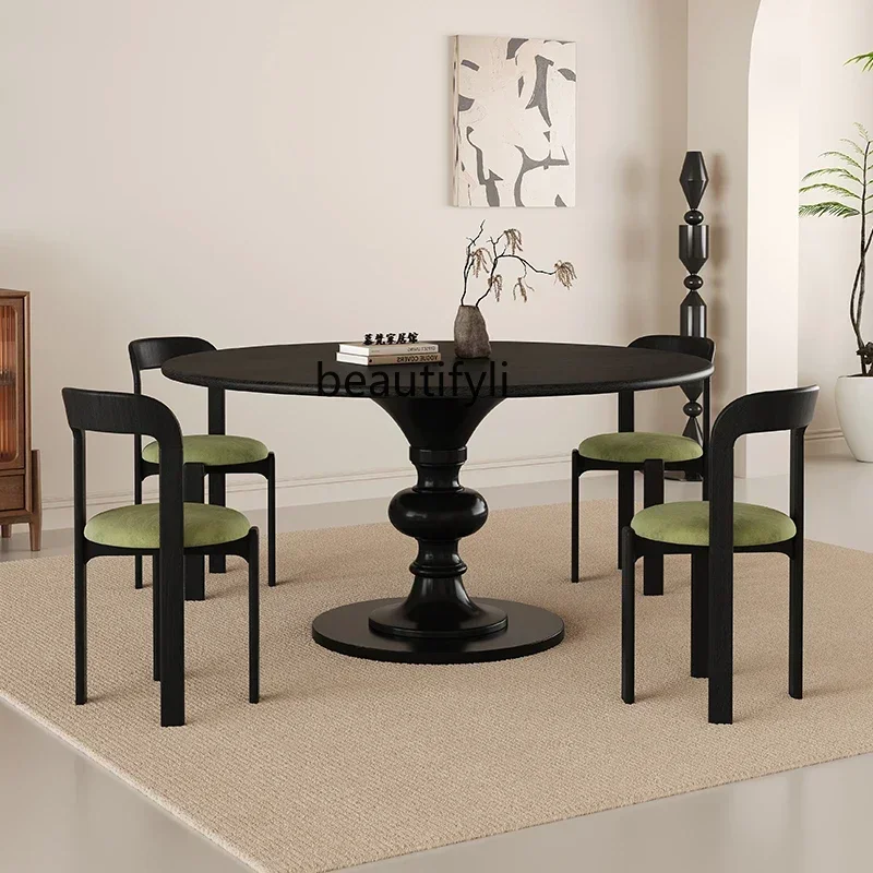 

American solid wood round dining table retro black round eating table small apartment simple designer dining table