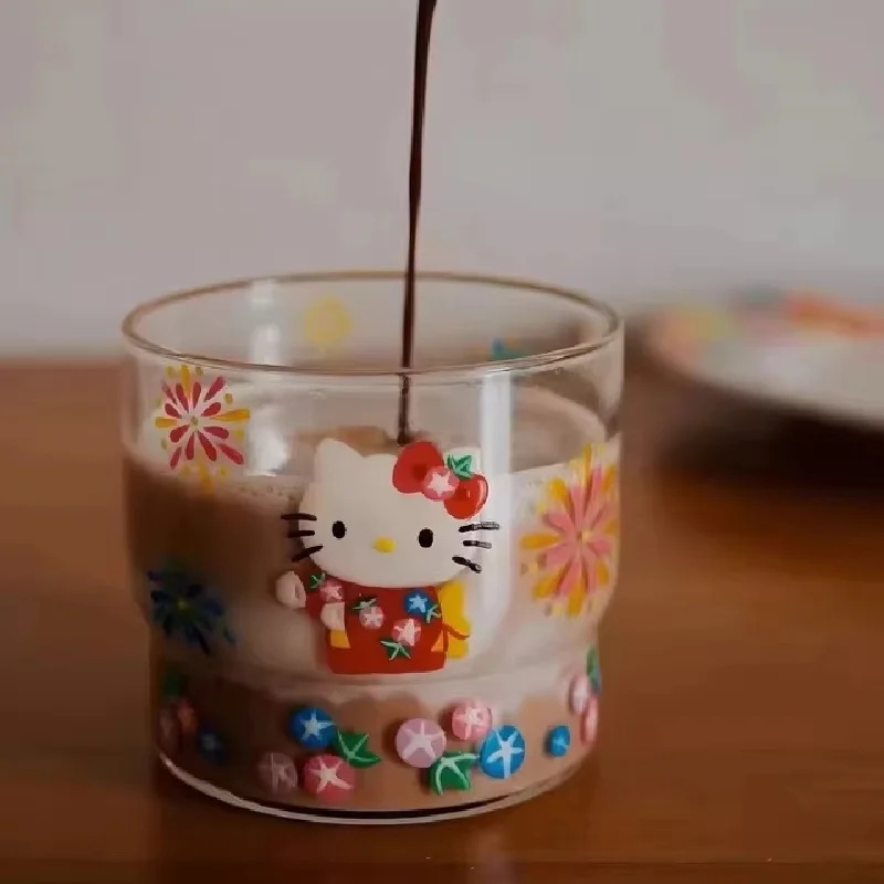 

Cute Cartoon Anime Merchandise Hello Kitty Model Dolls Vintage Fireworks Prints Glass Cups Juice Coffee Cute Glass Cups Gifts