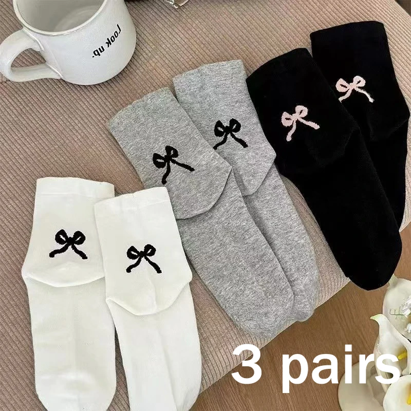 

3 Pairs Sweet Bowknot Ballet Style Socks Women 2025 Autumn Breathable Cotton Lolita Socks Absorb Sweat Girl Stockings Summer