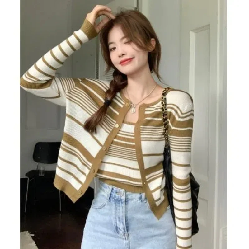 Trend Short Camisole Knitted Cardigan Two-piece Top Striped Thin Sweater Autumn New Long Sleeve Fashion Korean Women Clothing