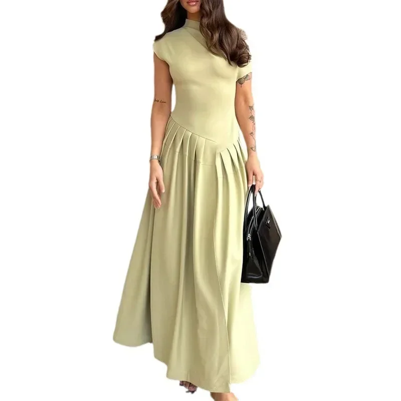 

Elegant solid Pleated Hem Women A-line Dress Fashion Asymmetry Half High Collar Short Sleeve Maxi Dress Lady Chic Party Robes