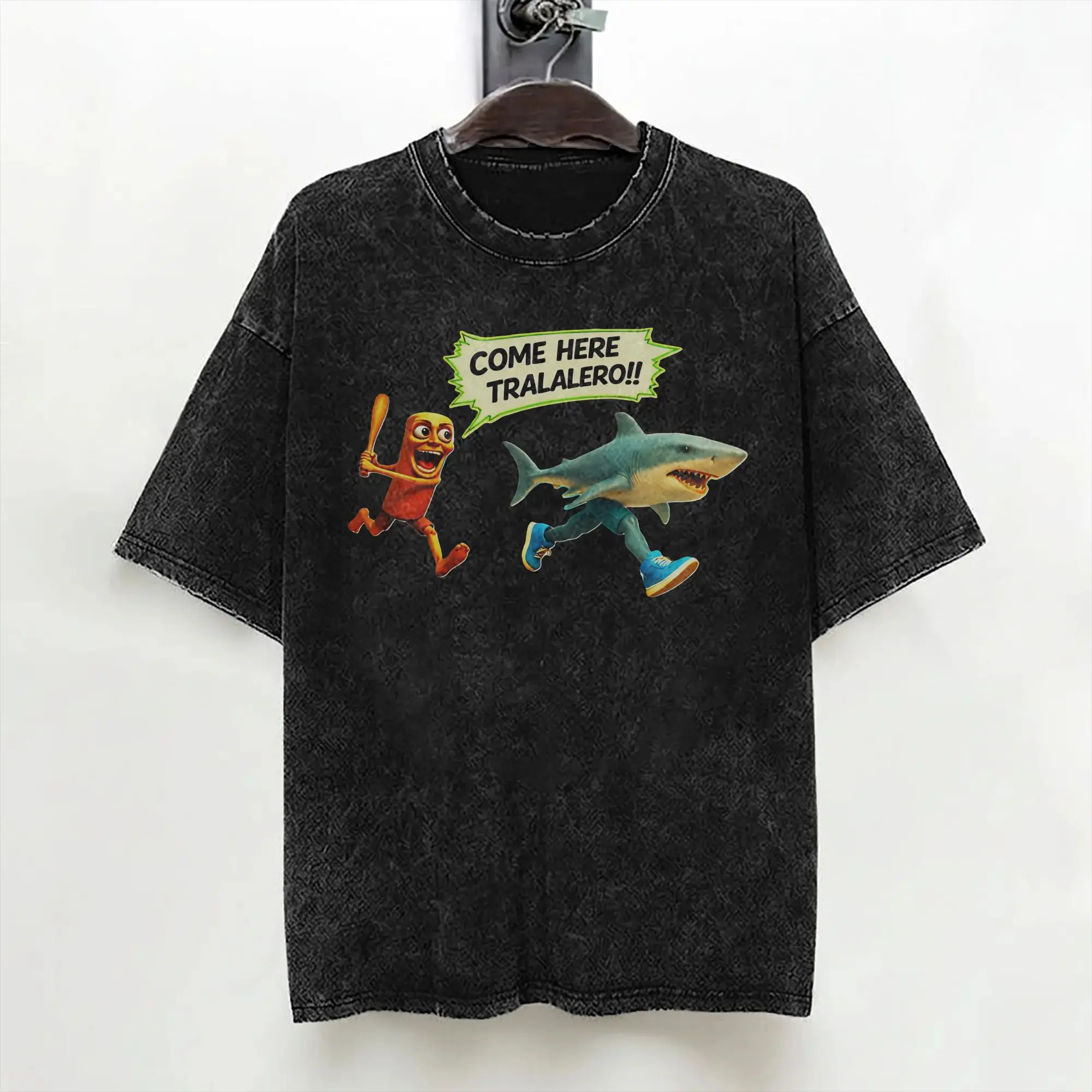 Tung Tung Sahur Chasing Tralalero Tralala  T Shirt Hip Hop Washed  Oversize T-Shirts  Vintage for Men Women Tops Streetwear Tees