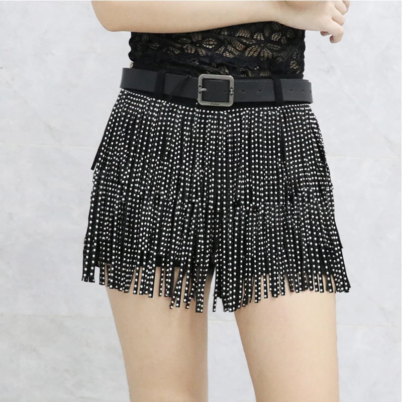 Women Diamonds Beaded Fringed Shorts Sexy Sparkling High Waist Rivets Tassels Wide Leg Pants Zippers Sequined Trousers with Belt