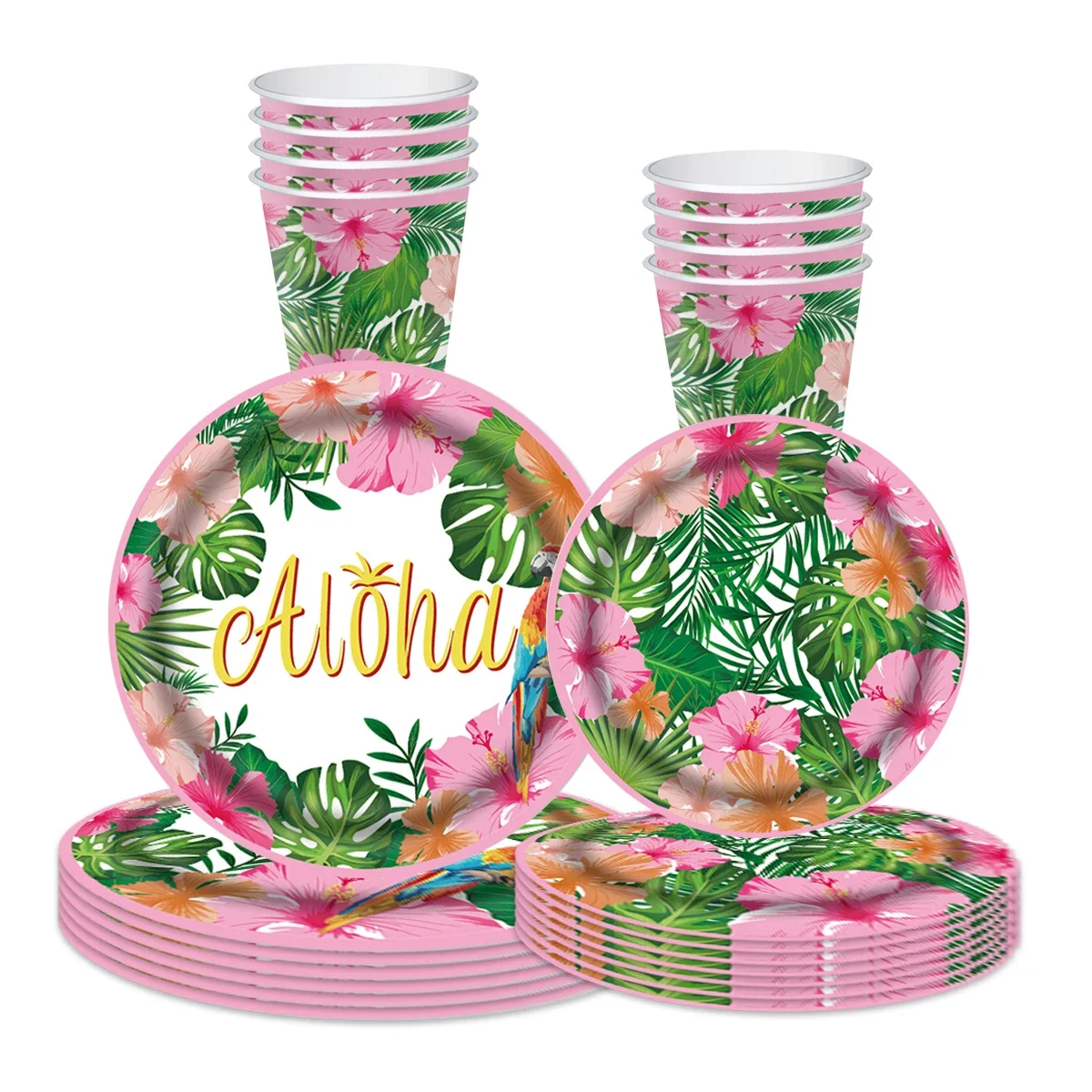 8Guests Aloha Pink Flower Disposable Tableware Aloha Luau Party Plates Napkin Summer Hawaii Happy Hawaii Birthday Party Supplies