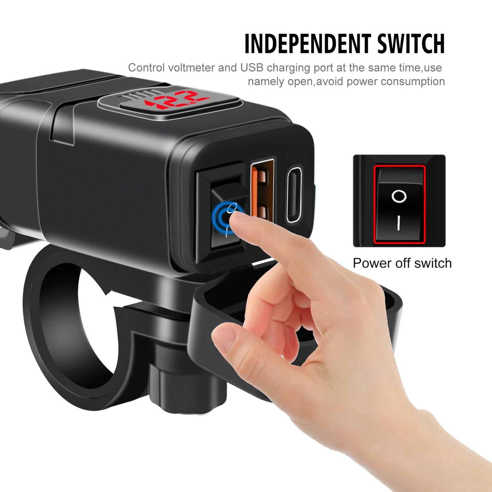 Motorcycle USB  Type C  Fast Charging QC3.0 with Voltmeter ON/Off  for Phone Tablet Motorcycle USB-C