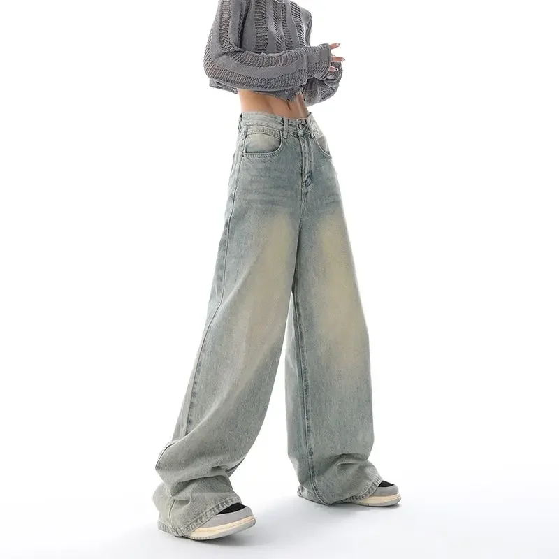 American Style Washed Jeans Women Baggy Retro Leisure Wide Leg Trousers Y2k Students All-match BF Street Autumn Stylish Mopping