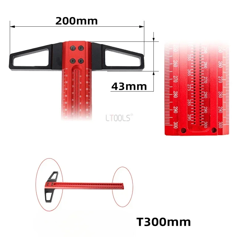 Righello per marcatura con foro a forma di T 300-500mm nuovi strumenti per la marcatura della lavorazione del legno scala di precisione di strumenti per righello in lega di alluminio con righello a forma di T