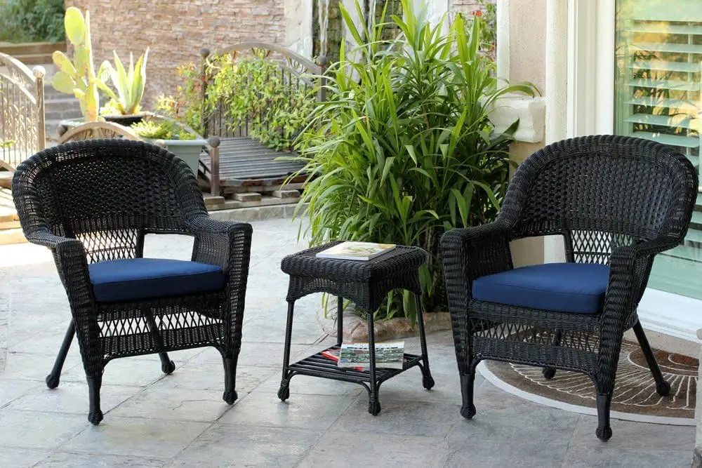 

3 Piece Wicker Chair and End Table Set with with Blue Cushion, Black