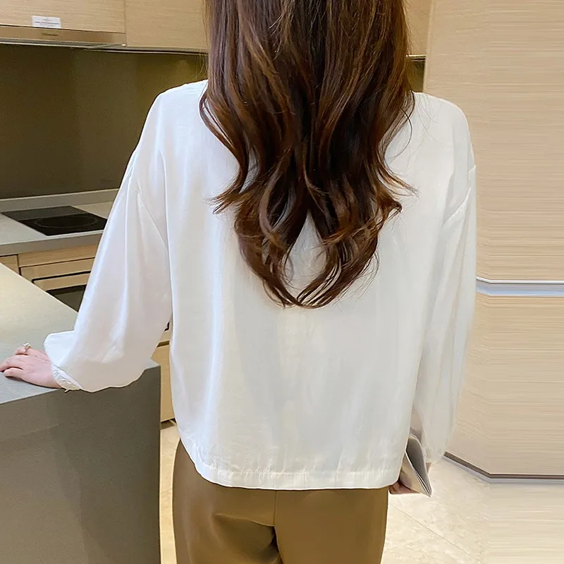 Women Long Sleeve Casual Shirt New Arrival 2024 Spring Korean Style V-neck Solid Color Loose Ladies Elegant Tops Shirts W1497